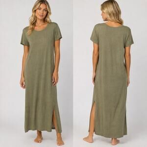 Mod Ref Maxi Dress Small Linen Knit Olive Green Slub Short Sleeve Minimalist
